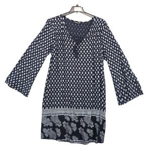 Indulge Navy White Paisley Midi Shift Dress Plus Size 2X Tassel Flare Sleeve